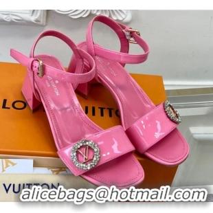 Grade Quality Louis Vuitton Patent Leather Heel Sandals 5.5cm with Crystal LV Circle Pink 607126