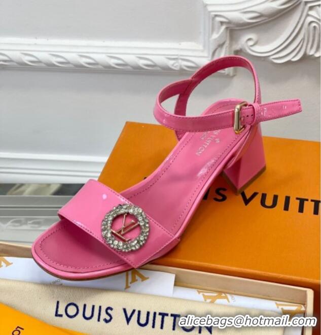 Grade Quality Louis Vuitton Patent Leather Heel Sandals 5.5cm with Crystal LV Circle Pink 607126