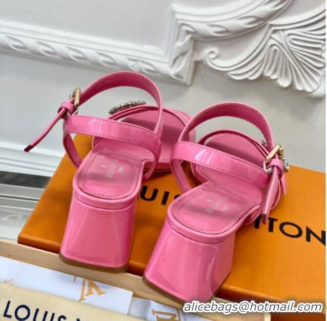 Grade Quality Louis Vuitton Patent Leather Heel Sandals 5.5cm with Crystal LV Circle Pink 607126