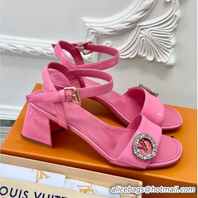 Grade Quality Louis Vuitton Patent Leather Heel Sandals 5.5cm with Crystal LV Circle Pink 607126