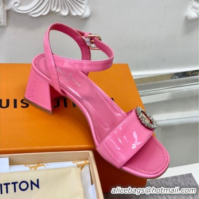 Grade Quality Louis Vuitton Patent Leather Heel Sandals 5.5cm with Crystal LV Circle Pink 607126