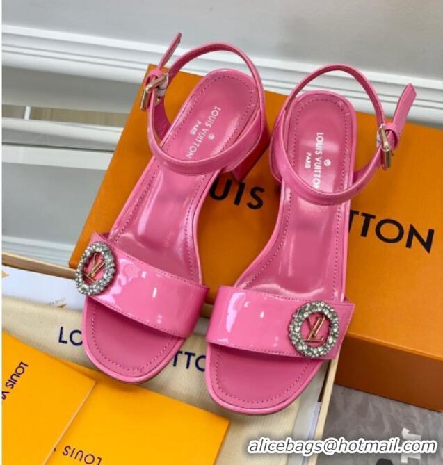 Grade Quality Louis Vuitton Patent Leather Heel Sandals 5.5cm with Crystal LV Circle Pink 607126