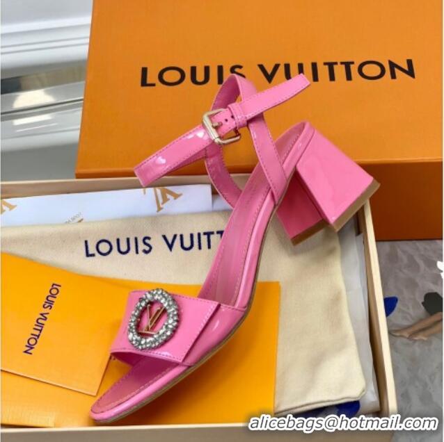 Grade Quality Louis Vuitton Patent Leather Heel Sandals 5.5cm with Crystal LV Circle Pink 607126