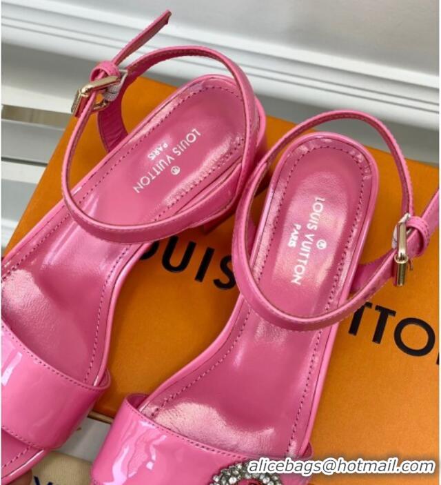 Grade Quality Louis Vuitton Patent Leather Heel Sandals 5.5cm with Crystal LV Circle Pink 607126