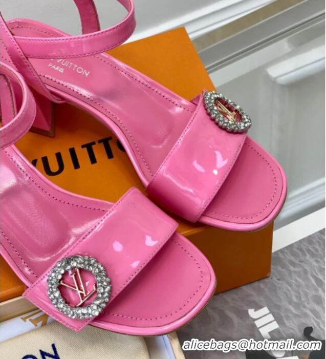 Grade Quality Louis Vuitton Patent Leather Heel Sandals 5.5cm with Crystal LV Circle Pink 607126