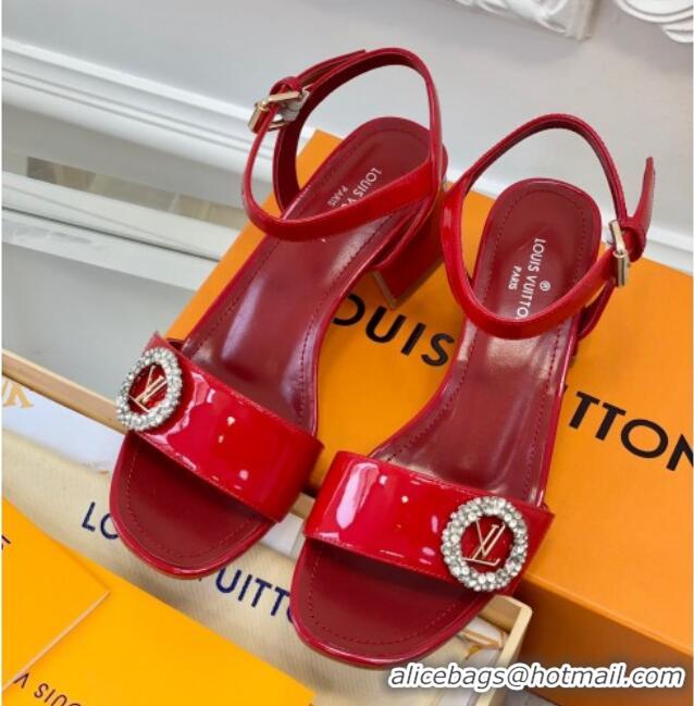 Durable Louis Vuitton Patent Leather Heel Sandals 5.5cm with Crystal LV Circle Red 607127