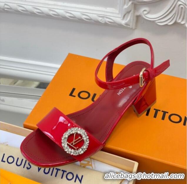 Durable Louis Vuitton Patent Leather Heel Sandals 5.5cm with Crystal LV Circle Red 607127