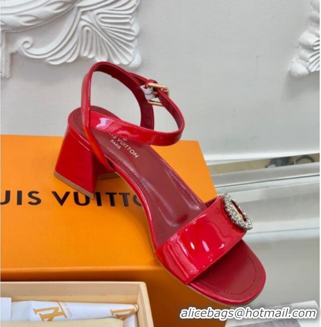 Durable Louis Vuitton Patent Leather Heel Sandals 5.5cm with Crystal LV Circle Red 607127