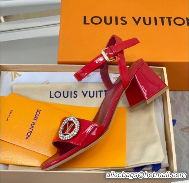 Durable Louis Vuitton Patent Leather Heel Sandals 5.5cm with Crystal LV Circle Red 607127