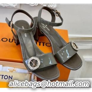 Good Product Louis Vuitton Patent Leather Heel Sandals 5.5cm with Crystal LV Circle Grey 607128