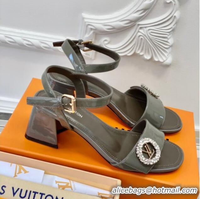 Good Product Louis Vuitton Patent Leather Heel Sandals 5.5cm with Crystal LV Circle Grey 607128