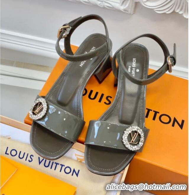 Good Product Louis Vuitton Patent Leather Heel Sandals 5.5cm with Crystal LV Circle Grey 607128