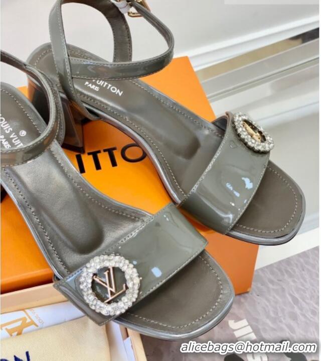 Good Product Louis Vuitton Patent Leather Heel Sandals 5.5cm with Crystal LV Circle Grey 607128