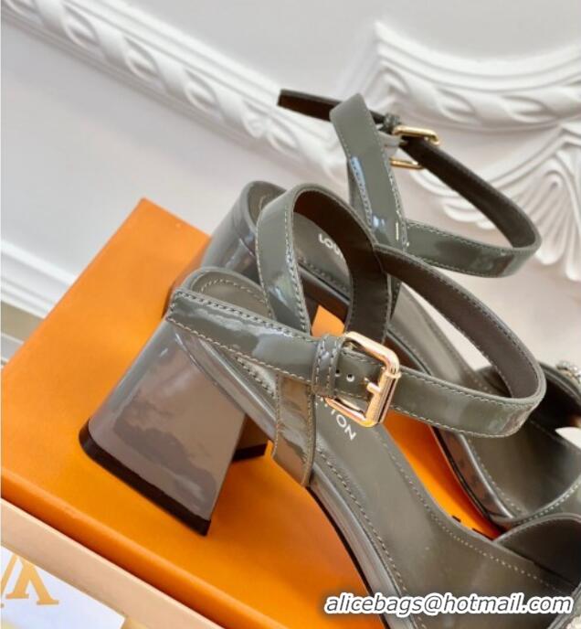 Good Product Louis Vuitton Patent Leather Heel Sandals 5.5cm with Crystal LV Circle Grey 607128