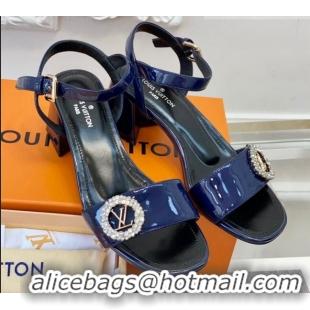 Best Price Louis Vuitton Patent Leather Heel Sandals 5.5cm with Crystal LV Circle Navy Blue 607129