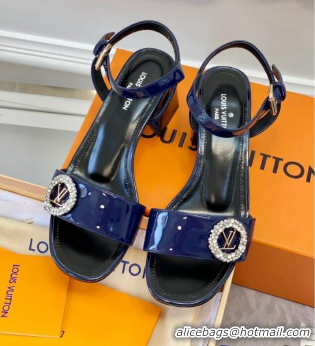 Best Price Louis Vuitton Patent Leather Heel Sandals 5.5cm with Crystal LV Circle Navy Blue 607129