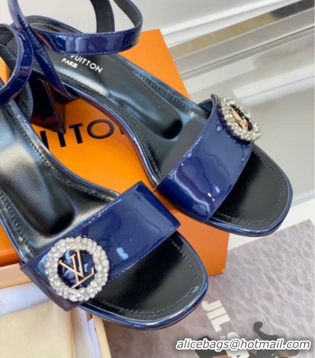 Best Price Louis Vuitton Patent Leather Heel Sandals 5.5cm with Crystal LV Circle Navy Blue 607129