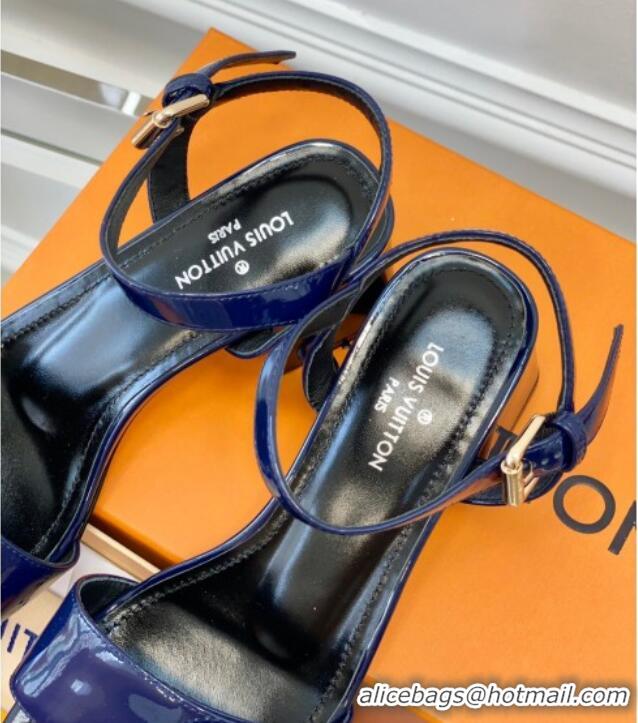 Best Price Louis Vuitton Patent Leather Heel Sandals 5.5cm with Crystal LV Circle Navy Blue 607129