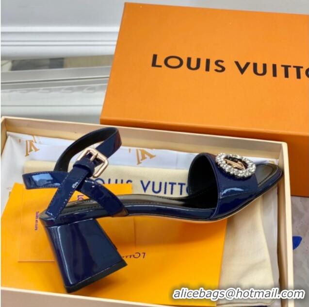 Best Price Louis Vuitton Patent Leather Heel Sandals 5.5cm with Crystal LV Circle Navy Blue 607129