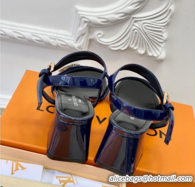 Best Price Louis Vuitton Patent Leather Heel Sandals 5.5cm with Crystal LV Circle Navy Blue 607129