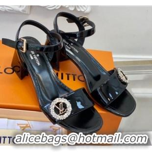 Purchase Louis Vuitton Patent Leather Heel Sandals 5.5cm with Crystal LV Circle Black 607130