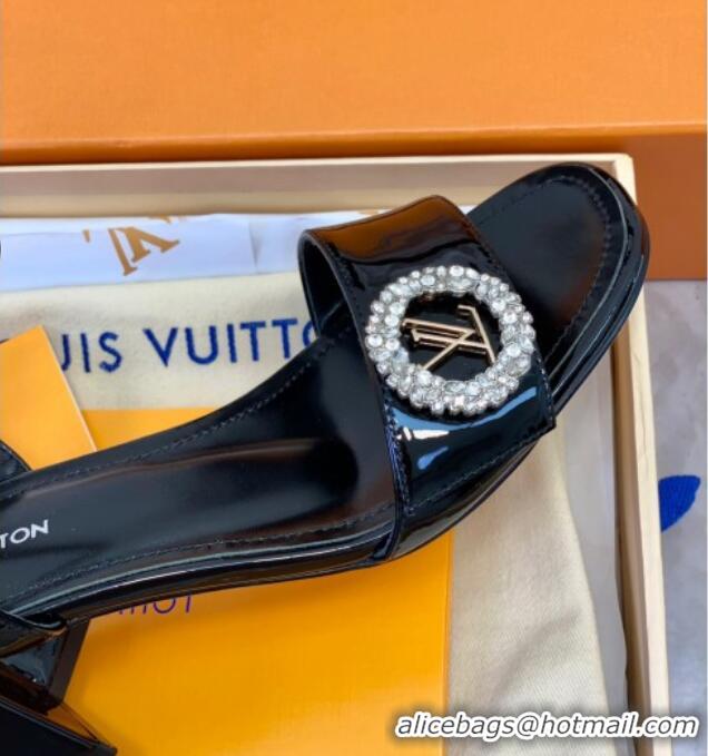 Purchase Louis Vuitton Patent Leather Heel Sandals 5.5cm with Crystal LV Circle Black 607130