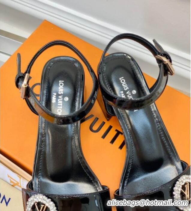 Purchase Louis Vuitton Patent Leather Heel Sandals 5.5cm with Crystal LV Circle Black 607130