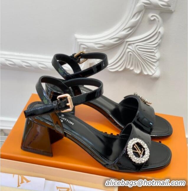 Purchase Louis Vuitton Patent Leather Heel Sandals 5.5cm with Crystal LV Circle Black 607130