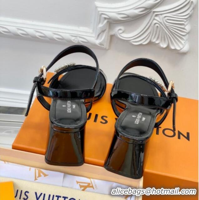 Purchase Louis Vuitton Patent Leather Heel Sandals 5.5cm with Crystal LV Circle Black 607130