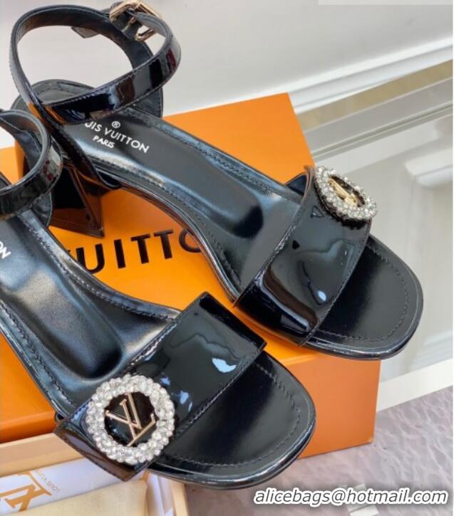 Purchase Louis Vuitton Patent Leather Heel Sandals 5.5cm with Crystal LV Circle Black 607130