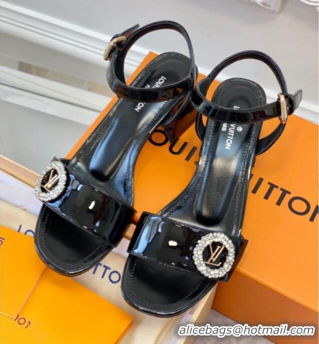 Purchase Louis Vuitton Patent Leather Heel Sandals 5.5cm with Crystal LV Circle Black 607130