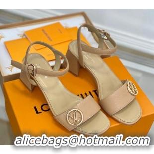 Charming Louis Vuitton Grained Leather Heel Sandals 5.5cm with LV Circle Beige 607131