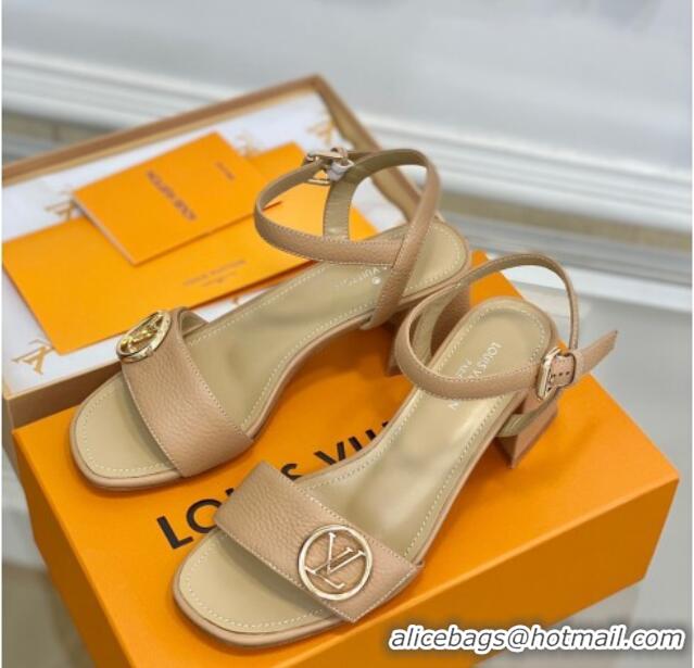 Charming Louis Vuitton Grained Leather Heel Sandals 5.5cm with LV Circle Beige 607131