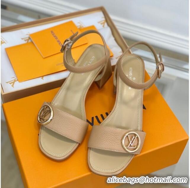 Charming Louis Vuitton Grained Leather Heel Sandals 5.5cm with LV Circle Beige 607131