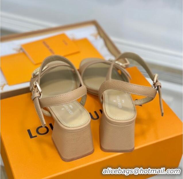 Charming Louis Vuitton Grained Leather Heel Sandals 5.5cm with LV Circle Beige 607131