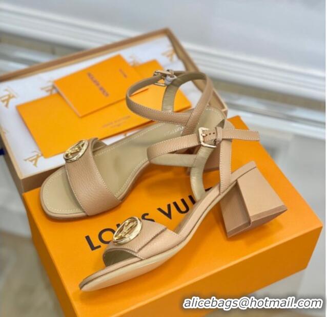 Charming Louis Vuitton Grained Leather Heel Sandals 5.5cm with LV Circle Beige 607131