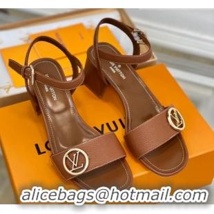 Good Quality Louis Vuitton Grained Leather Heel Sandals 5.5cm with LV Circle Brown 607132