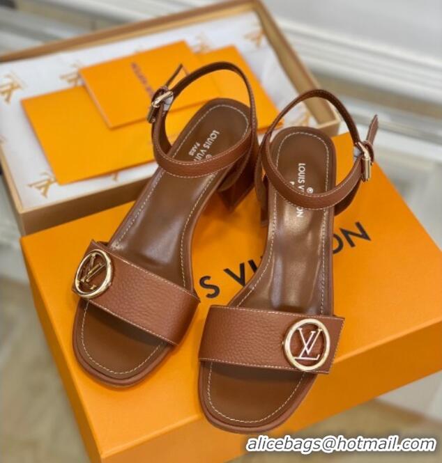 Good Quality Louis Vuitton Grained Leather Heel Sandals 5.5cm with LV Circle Brown 607132