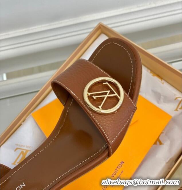 Good Quality Louis Vuitton Grained Leather Heel Sandals 5.5cm with LV Circle Brown 607132