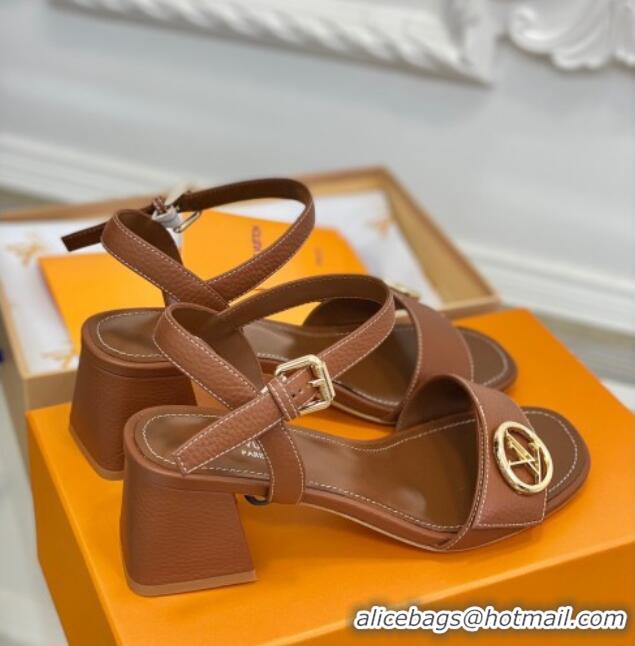 Good Quality Louis Vuitton Grained Leather Heel Sandals 5.5cm with LV Circle Brown 607132