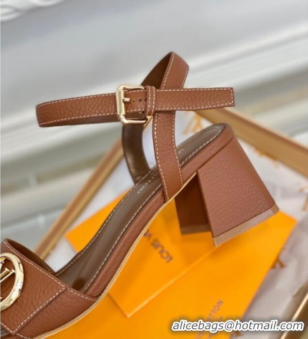 Good Quality Louis Vuitton Grained Leather Heel Sandals 5.5cm with LV Circle Brown 607132