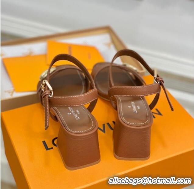 Good Quality Louis Vuitton Grained Leather Heel Sandals 5.5cm with LV Circle Brown 607132