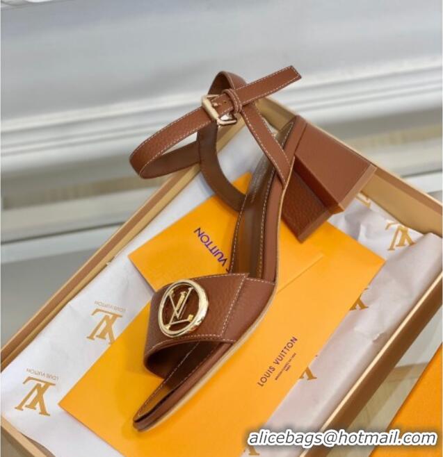 Good Quality Louis Vuitton Grained Leather Heel Sandals 5.5cm with LV Circle Brown 607132