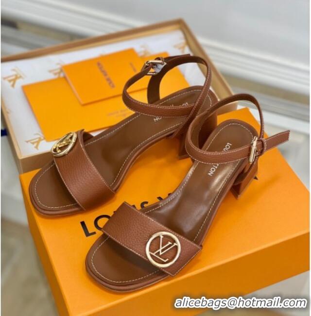 Good Quality Louis Vuitton Grained Leather Heel Sandals 5.5cm with LV Circle Brown 607132