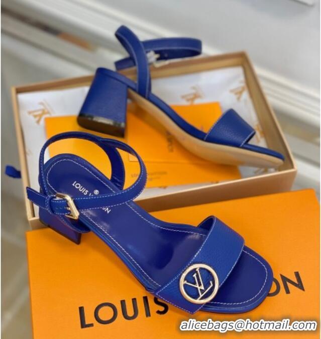 Cheap Price Louis Vuitton Grained Leather Heel Sandals 5.5cm with LV Circle Blue 607133