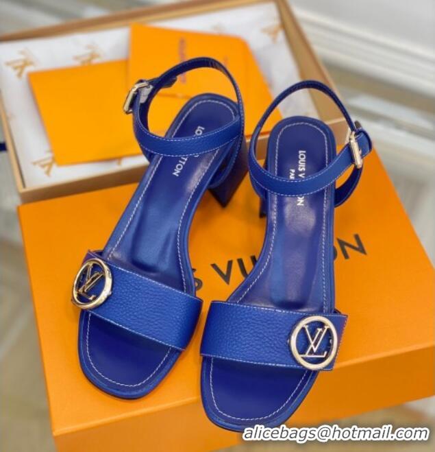 Cheap Price Louis Vuitton Grained Leather Heel Sandals 5.5cm with LV Circle Blue 607133