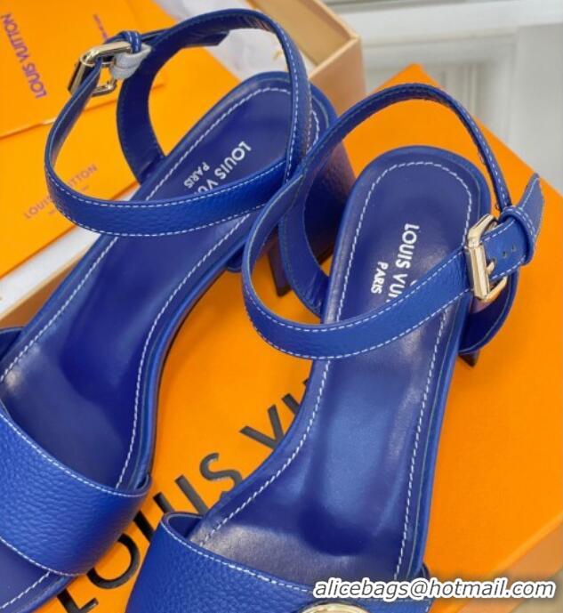 Cheap Price Louis Vuitton Grained Leather Heel Sandals 5.5cm with LV Circle Blue 607133