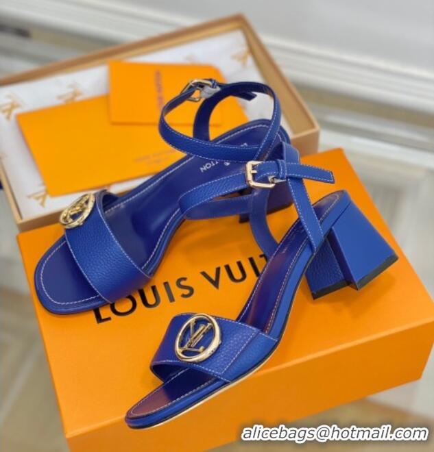 Cheap Price Louis Vuitton Grained Leather Heel Sandals 5.5cm with LV Circle Blue 607133