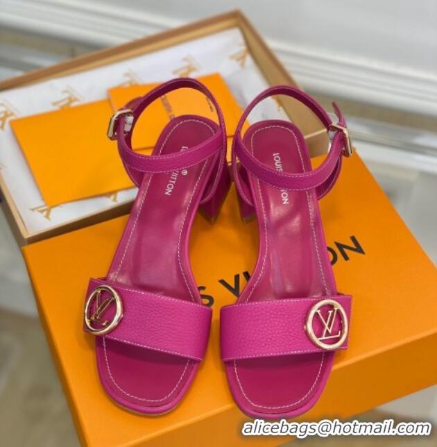 Best Grade Louis Vuitton Grained Leather Heel Sandals 5.5cm with LV Circle Dark Pink 607134