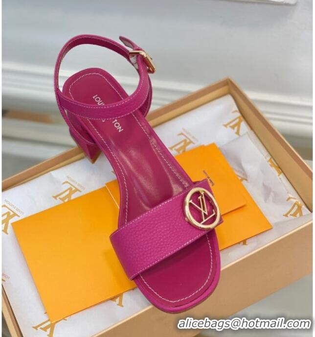 Best Grade Louis Vuitton Grained Leather Heel Sandals 5.5cm with LV Circle Dark Pink 607134